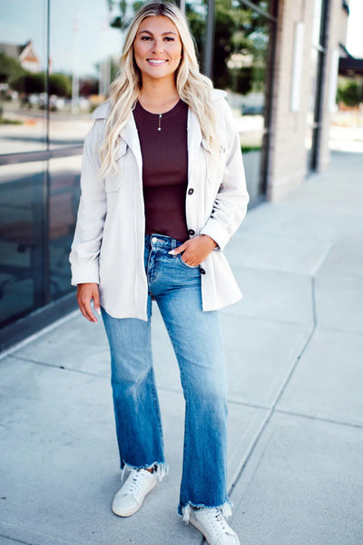 Women's White Fleece Shacket with Exposed Seams & Patchwork Design - Stylish Button-Down Layer for Cozy Chic Looks