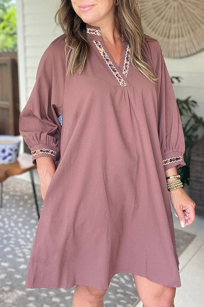 Elegant Women's Old Rose V-Neck Mini Dress with Contrast Trim & Bracelet Sleeves - Perfect Shift Style for Any Occasion