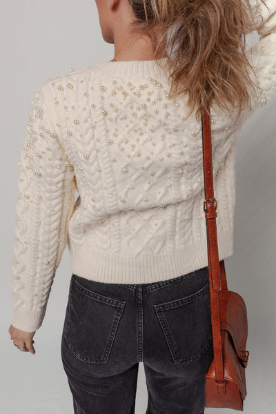 Beige Women's Cozy Cable Knit Sweater with Pearl Details - Chic Fall & Winter Essential for Effortless Style