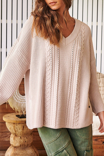 Effortless Casual Grey Oversized V-Neck Cable Knit Sweater for Women with Side Slits - Cozy Style Must-Have