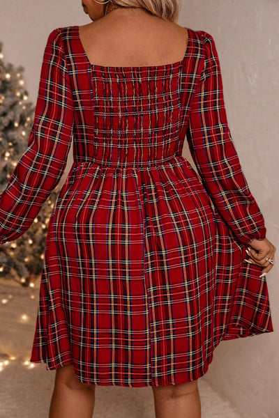 Plus Size Women's Red Christmas Plaid Dress with Ribbon Bow, Square Neck, Long Sleeve - Ideal Holiday Party Look made for easy styling and wardrobe