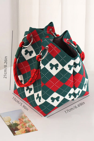 Women's Retro Argyle Bow Knit Bucket Bag in Fiery Red