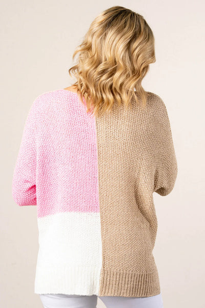 Cozy Women's Pink Color Block V-Neck Knit Sweater - Loose Fit for Casual Outings and Stylish Layering