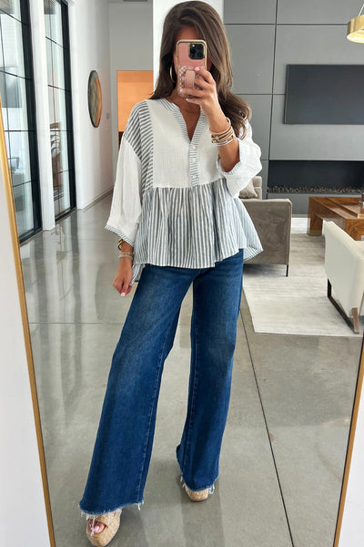 Chic Women's Gray Stripe Babydoll Blouse with Bracelet Sleeves & Half Button Detail - Trendy Patchwork Design
