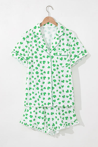 Women's Clover Print Short Sleeve Pajama Set with Ruffles
