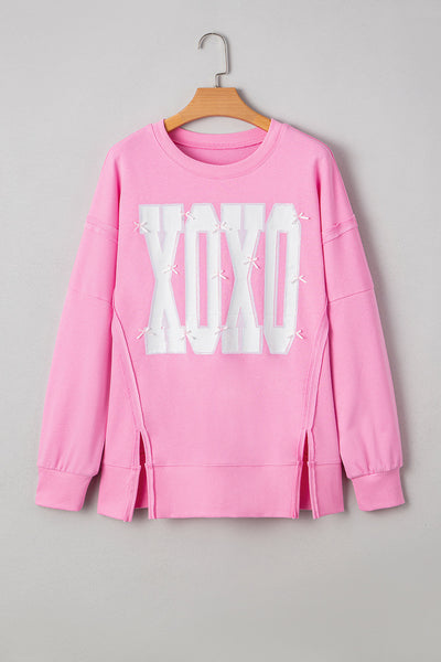 Trendy Women's Pink Bow Sequin XOXO Graphic Sweatshirt - Chic Baggy Fit with Exposed Seams for Casual Style