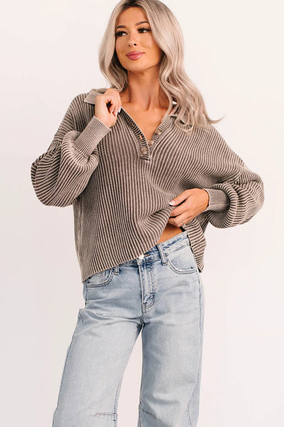 Cozy Women's Dark Brown Mineral Wash Knit Polo Sweater - Relaxed Fit with Stylish Button Detail for Effortless Elegance