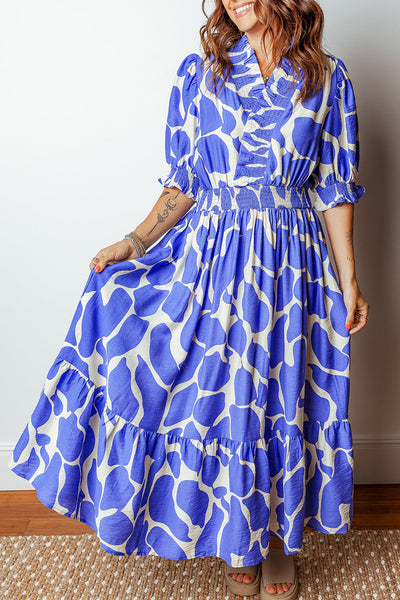 Women's Blue Abstract Smocked Maxi Dress with Puff Sleeves