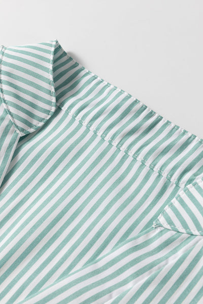 Women's Casual Green Striped V-Neck Shirt with Roll-Up Sleeves and Pocket - Perfect for Everyday Wear