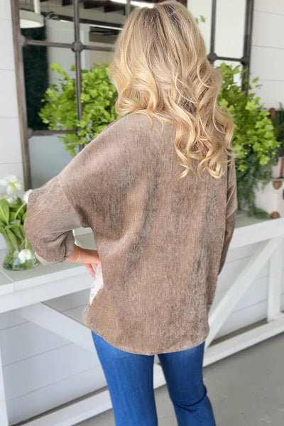 Chic Women's Parchment V-Neck Long Sleeve Top with Sequin Star Patches - Trendy, Stylish, and Perfect for Any Occasion