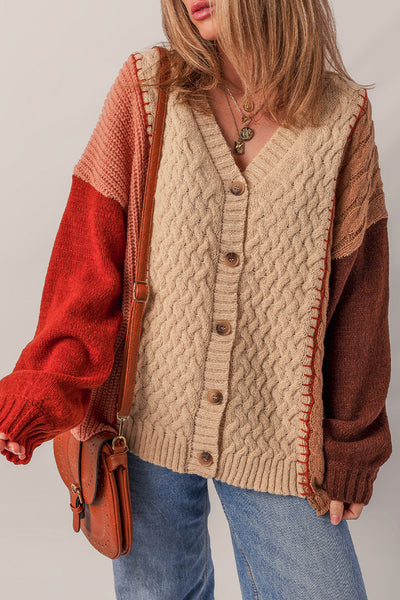 Cozy Women's Light Beige Color Block V-Neck Cardigan Sweater with Textured Fabric and Button Accents for Chic Comfort