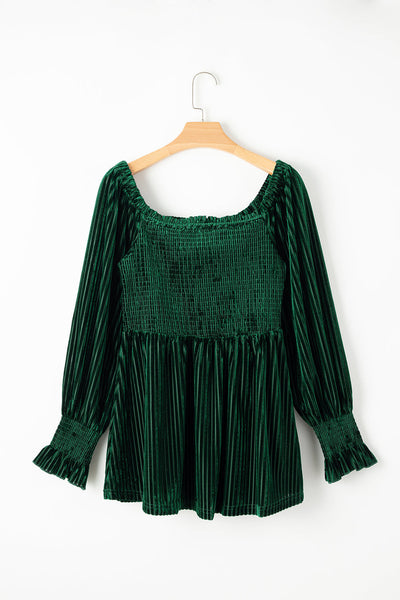Women's Smocked Ribbed Velvet Babydoll Top in Blackish Green - Chic and Comfortable for Effortless Everyday Style