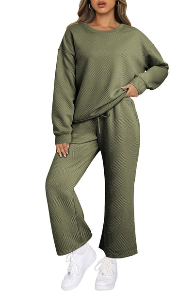 Women's Guacamole Green Slouchy 2-Piece Outfit - Ultra Loose, Textured Set for Casual Comfort and Effortless Style
