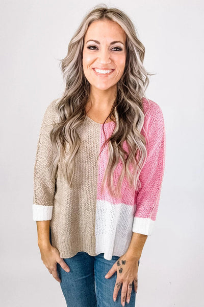 Cozy Women's Pink Color Block V-Neck Knit Sweater - Loose Fit for Casual Outings and Stylish Layering