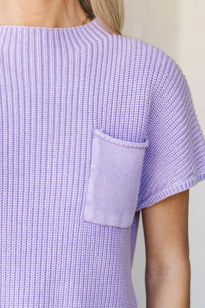 Relaxed Fit Women's Lavender Ribbed Knit Short Sleeve Sweater with Pockets - Casual Mineral Wash Style