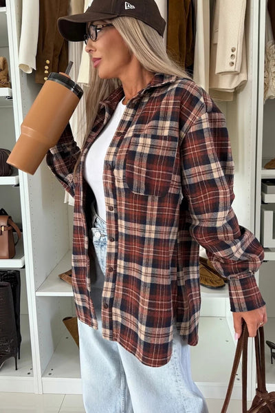 Cozy Mineral Red Plaid Boyfriend Shacket for Women Stylish Flannel Overshirt with Chest Pocket for Casual Layering