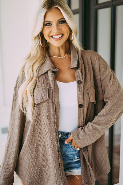 Oversized Khaki Textured Knit Shacket with Button Front