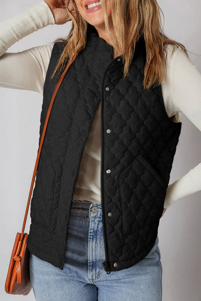 Women's Black Scalloped Quilted Vest with Dual Zip-Snap Closure made for easy styling and wardrobe coordination, with premium-like structure and