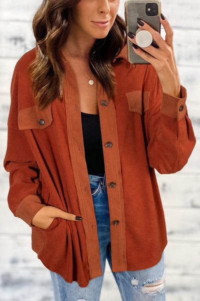 Trendy Women's Gold Flame Velvet Shacket with Drop Shoulders and Flap Pockets for Casual Everyday Style