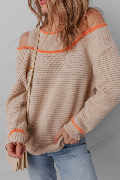 Cozy Women's Parchment Cold Shoulder Sweater with Contrast Trim & Patchwork Design - Relaxed Fit Knit Top