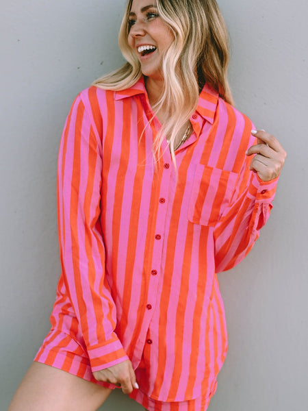 Orange Stripe Print Shirt and Shorts Lounge Set