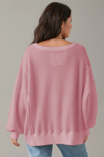 Chic Women's Pink Oversized Waffle Knit Top with Bishop Sleeves & Side Split for Effortless Casual Style