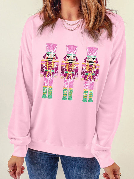 Neon Nutcracker Print Pink Sequin Christmas Crewneck Sweatshirt
