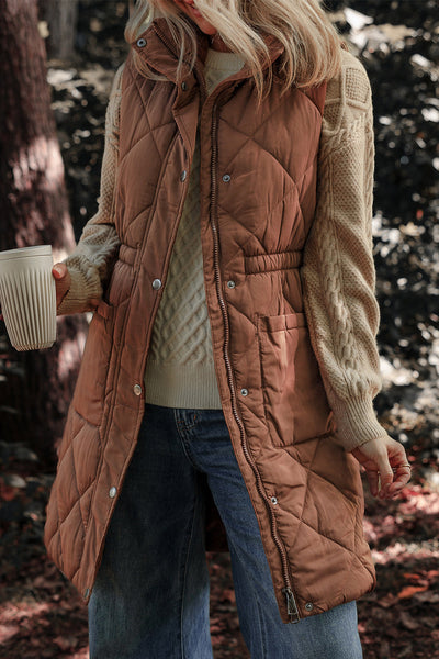 Women's Coffee Longline Quilted Puffer Vest with Stand Collar - Stylish and Warm Outerwear for Fall and Winter