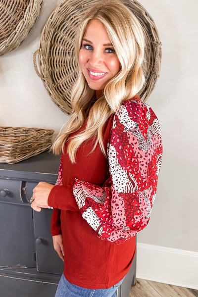 Women's Fiery Red Lantern Sleeve Top with Mixed Animal Print Trendy Patchwork Design for Stylish Casual Outfits