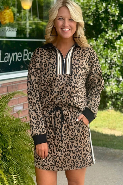 Women's Khaki Leopard Quarter-Zip Top and Mini Skirt Set made for easy styling and wardrobe coordination, with premium-like structure and finish.