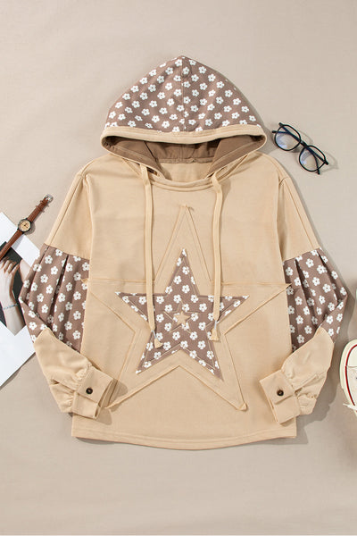 Women's Apricot Floral Patchwork Hoodie with Star Design and Adjustable Drawstring - Casual and Stylish Pullover