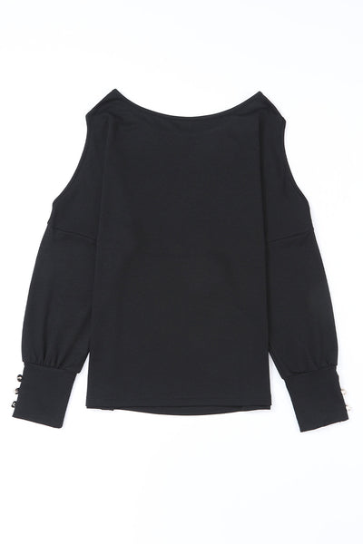 Stylish Women's Black Asymmetrical Long Sleeve Top with Cut-Outs and Button Detail - Trendy Fit for Every Occasion