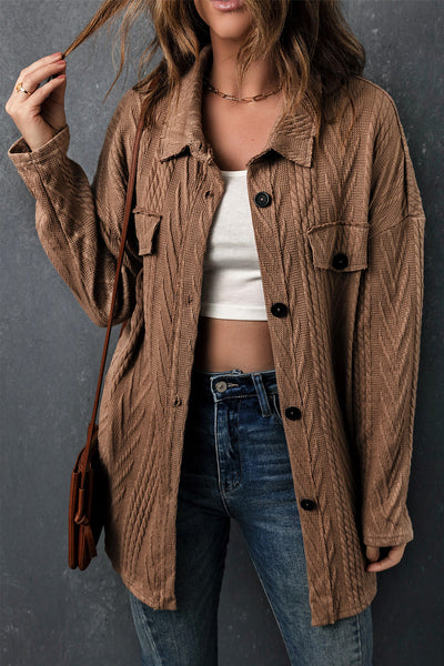 Oversized Khaki Textured Knit Shacket with Button Front