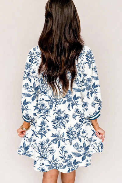 Women's Cute Blue Floral Babydoll Mini Dress with 3/4 Puff Sleeves - Stylish Summer Outfit for Effortless Comfort