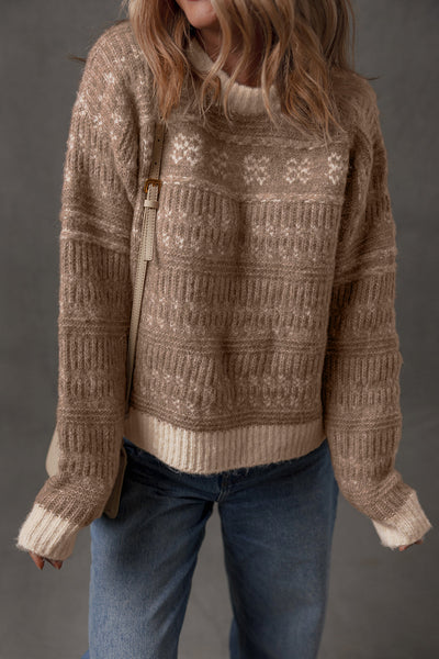 Stylish Women's Dark Brown Geometric Knit Sweater with Contrast Colors and Drop Sleeves Ideal for Casual Layering