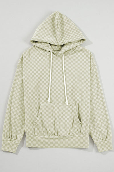 Women's Green Checkered Hoodie with Kangaroo Pocket and Drawstring - Casual, Comfortable Fit for Everyday Wear