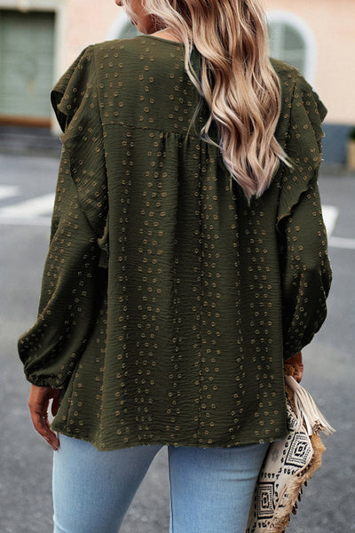 Elegant Women's Blackish Green Lace Blouse with Ruffle Sleeves - Chic Long Sleeve Top for Stylish Casual Outfits