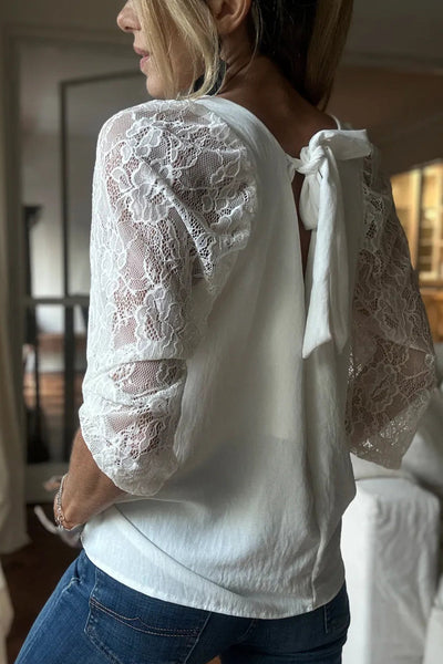 Chic Women's White Lace Blouse with 3/4 Sleeves and V-Neckline for Effortless Elegance and Versatile Styling