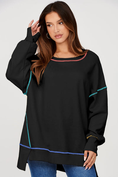 Cozy Women's Black Baggy Sweatshirt with Trendy Contrast Stitching and Chic Split Hem for Stylish Comfort
