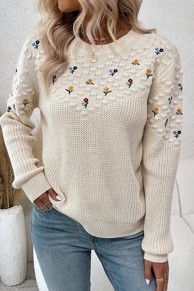 women's floral embroidered casual sweater - stylish knit top with mixed texture for comfort and everyday elegance with practical styling and