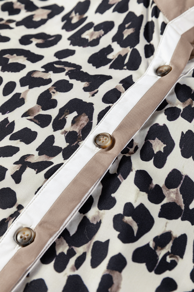 Women's Leopard Print Henley Blouse with Contrast Tan Trim