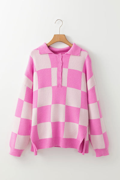 Cozy Women's Pink Checkerboard Drop Shoulder Sweater with Half Button Collar - Effortlessly Chic Casual Style