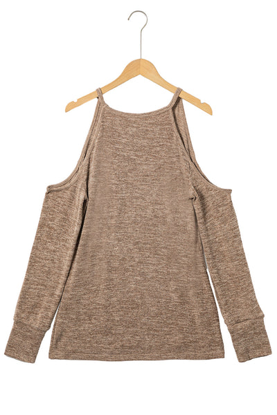 Women's Heather Gray Distressed Cold-Shoulder Cotton Blend Sweatshirt