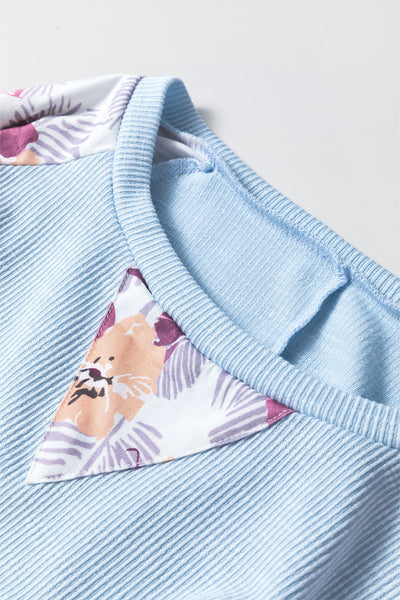 Women's Stylish Women's Beau Blue Floral Patchwork Balloon Sleeve Blouse - Chic Textured Top for Effortless Casual Looks
