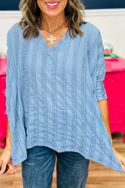 women's soft blue lacy striped dolman blouse with 3/4 sleeves chic and comfortable for effortless everyday style made for easy styling and wardrobe