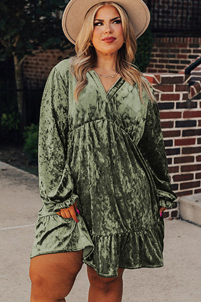 Chic Jungle Green Plus Size Velvet Puff Sleeve Babydoll Mini Dress for Women Stylish & Comfortable Party Outfit