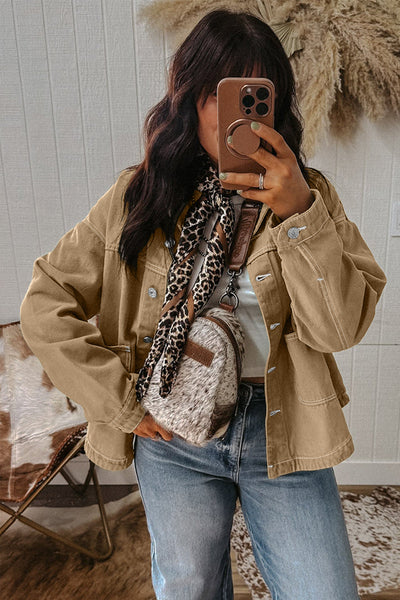 Chic Women's Parchment Boyfriend Denim Jacket with Patched Pockets and Button Front for Effortless Casual Style