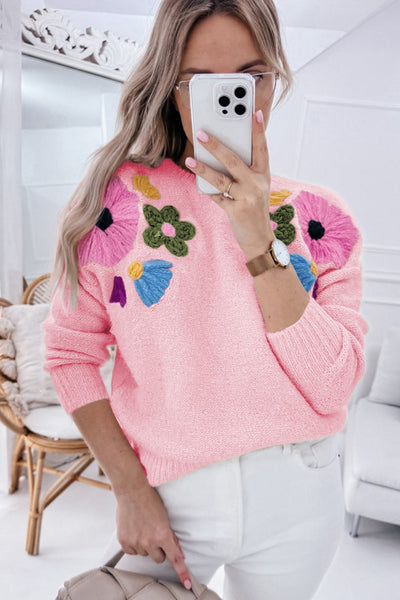 Cozy Women's Pink Knitted Sweater with Floral Design & Ribbed Edges - Perfect for Casual Outings and Everyday Style