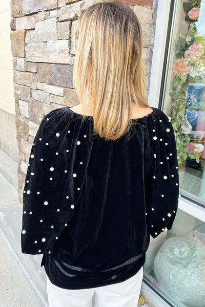 Chic Women's Black Velvet Top with Pearl Beading - Elegant Half Sleeve Design for Casual or Evening Events