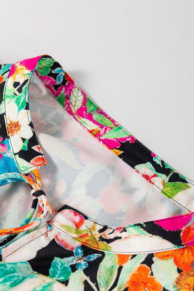 Chic Women's Multicolor Floral Ruffled Blouse with Bubble Sleeves and V-Neck for Effortless Everyday Style